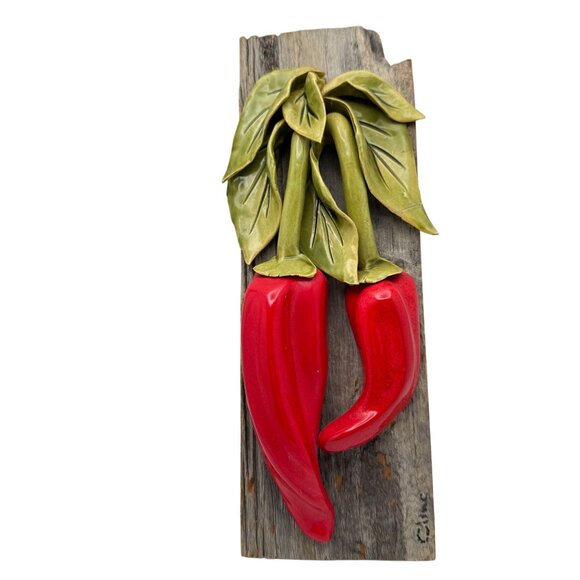 Original Carol Cline Ceramic Chili Peppers Sculpture Art Barn Wood Plaque READ